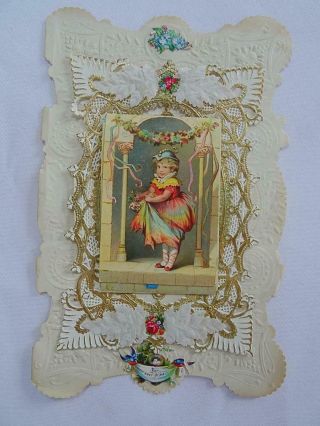Victorian Paper Lace Antique Greeting Card Valentine Printed Fold Out Dated 1878