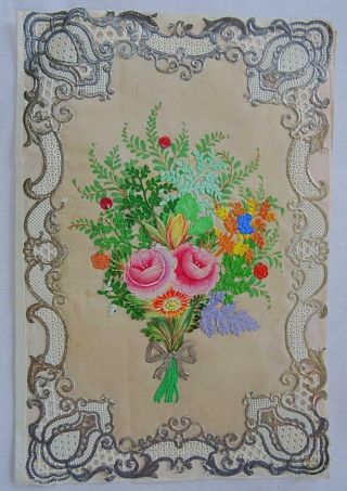 Victorian Paper Lace Antique Greeting Card Valentine Hand Painted Silk C1870s
