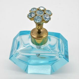 Antique Aqua Blue Glass Perfume Bottle Jewel Top Flower Atomizer Unsigned