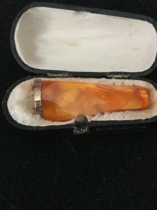 Vintage Amber Cigar Holder In Fitted Leather Case.