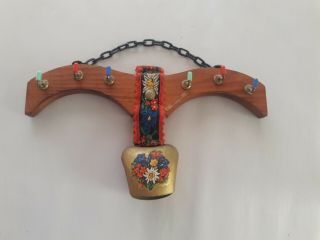 Vintage German Hand Carved Wooden 6 Key Holder Cowbell Wall Hanging Obernzell