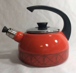 Orange Austria Email Mod Retro Porcelain Enamel Tea Kettle Teapot Vtg Whistle