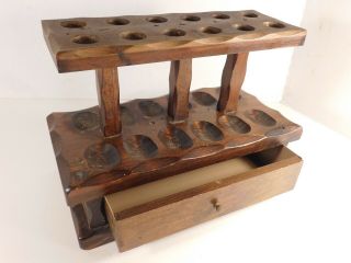 Vintage 12 Pipe Holder Wood Stand With Drawer,  10 1/2 By 5 1/2,  8 Inches Tall