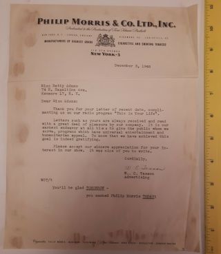Rare Vintage (york) " 1948 Philip Morris & Co.  Ltd.  Inc.  Letter " - Letterhead