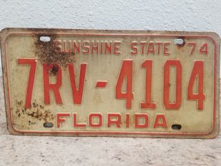 Vintage 1974 Florida License Plate Tag Sunshine State 7rv - 4104