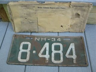 Vintage 1934 N.  H.  Hampshire License Plate 8484 With Mailing Envelope