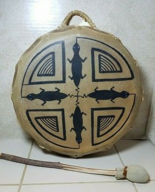 Native American Taos Mexico Pueblo Indian Lizards Hand Drum In Rawhide Large