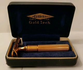 Vintage Gillette Gold Tech Safety Razor W/case Made In Usa