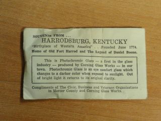 Harrodsburg,  Kentucky Souvenir Photochromic Glass Mercer Co.  & Corning Glass