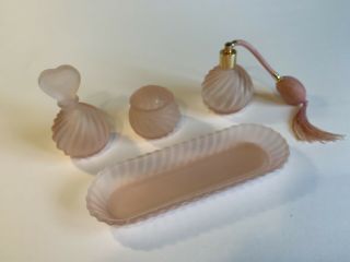 Vintage Art Glass Perfume Bottles Pink Frosted Swirl Glass with Tray 3