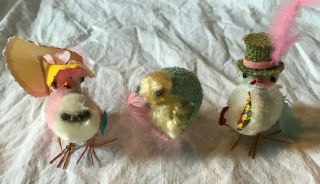 3 Charming Vintage Cotton Chenille Easter Parade Couple & Nodder Egg W Chick
