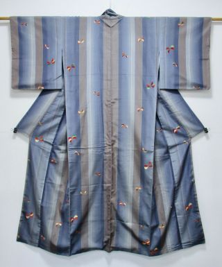 Japanese Silk Kimono / Blue & Gray / Stripe / Butterfly / Silk Fabric /442