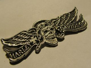 Vintage Harley Davidson Pin Silver & Black Medium Skull & Wing Design B