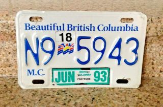 Ca British Columbia Canada Motorcycle License Plate Tag N9 5943 1980 - 1990s Era