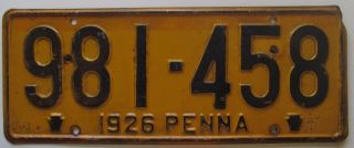 Pennsylvania 1926 License Plate 981 - 458