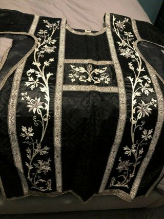 Stunning Rare Antique Catholic Deacons Black Silk Dalmatic W/ White Embroidery