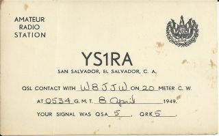Old Vintage Ys1ra San Salvador El Salvador Amateur Radio Qsl Card