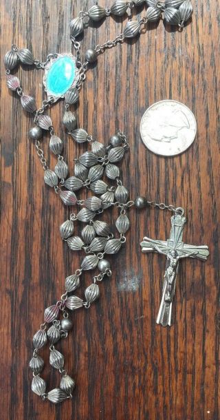 Vintage Sterling Rosary Beads & Cross Enamel Mary Metal 26 Grms