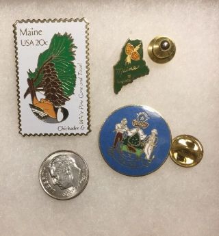 Maine Lapel Pins Vtg - Set Of 3 - Chickadee & White Pine,  State Seal