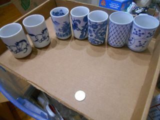 Vintage Japanese Blue And White Porcelain Sake Tea Cups / Mugs Mixed Set Of 7