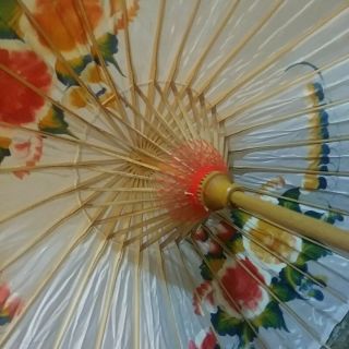 Vintage Asian Hand Painted White Colorful Silk Parasol Umbrella Bamboo Frame