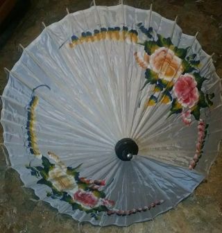 Vintage Asian Hand Painted White Colorful Silk Parasol Umbrella Bamboo Frame 2