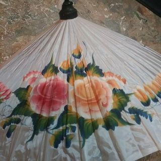 Vintage Asian Hand Painted White Colorful Silk Parasol Umbrella Bamboo Frame 3