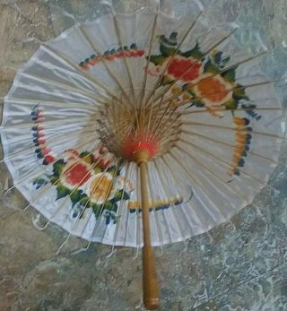 Vintage Asian Hand Painted White Colorful Silk Parasol Umbrella Bamboo Frame 4