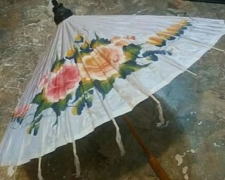 Vintage Asian Hand Painted White Colorful Silk Parasol Umbrella Bamboo Frame 5