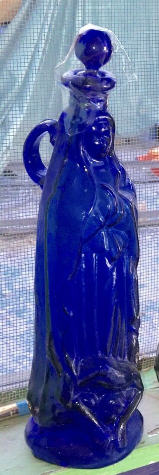 Vintage Blown Mold Catholic Mother Mary Aqua Blue Holy Water Bottle Container