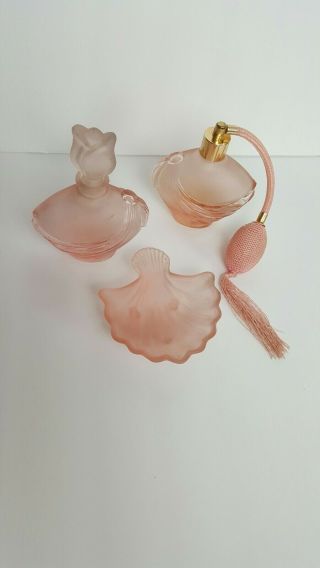 Vtg Pink Satin Glass Vanity Dresser Set Tulip Stopper Perfume Atomizer Dish