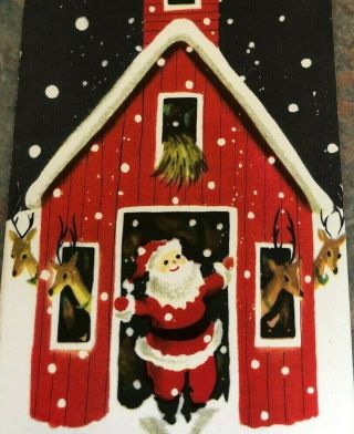 Santa Reindeer Red Barn Rooster Weather Vane Falling Snow Christmas Vtg Card