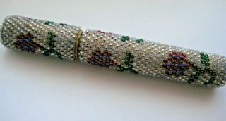 Antique Needle Holder Wood Sheath Covered With Glass Bead Work