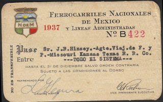 Ferrogarriles Nacionales De Mexico Rr 1937 Train Pass Railroad