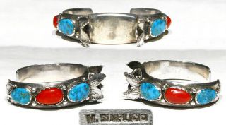 Rare Old Signed Zuni Mike Simplicio Turquoise Coral 925 Silver Watch Bracelet