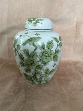 Vintage Andrea By Sadek Hand Painted Japan Ginger Jar W/ Lid Green & White 8728
