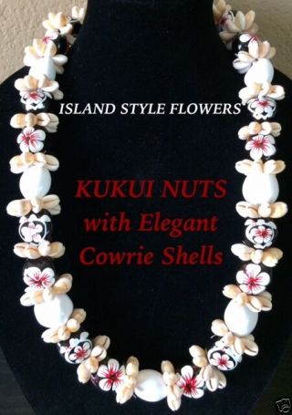 Hawaii Wedding Kukui Nut Lei W/ Cowrie Shell Graduation Luau Necklace - White