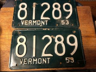 Pair (2) 1953 53 Vermont Vt License Plate Tag 81289