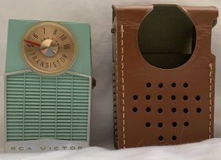 Vintage Rca Victor Transistor Radio Teal Model 1 - Tp - 1he W/ Leather Case