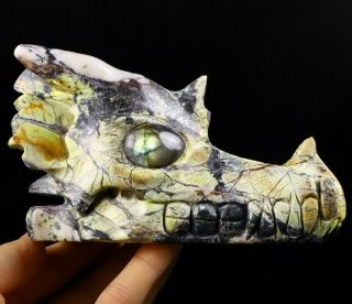 5.  2 " Hiso Jasper Carved Crystal Dragon Skull,  Labradorite Eyes.  Healing