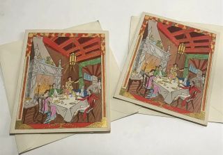 Art Deco Pair French J Hilly Pochoir Dinner Party Christmas Greeting Card Pair