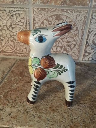 Vintage Tonala Jal Mexico Hand Painted Donkey Burro - Clay Pottery Signed Cat