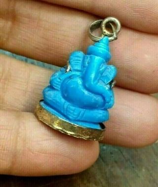 Finely Carved Natural Turquoise Lord Ganesh Sterling Silver Amulet Pendant
