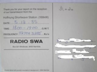 QSL card from Radio SWA Namibia from Windhoek 1985 2