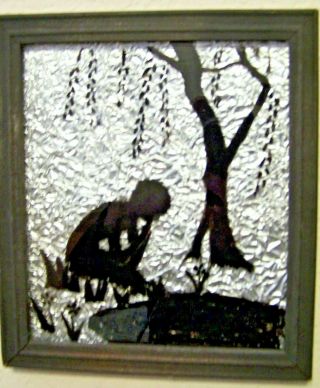 Framed Reverse Painted Silhouette On Glass Picture Of Child By Pond Foil Backed