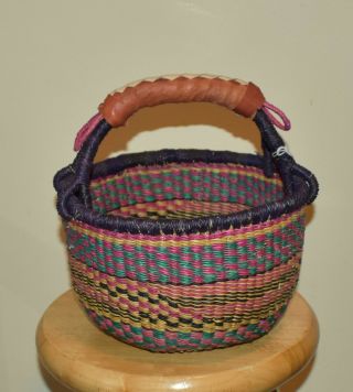 Small Blue,  Green And Pink African Bolga Basket 07