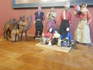 Antique Lebanese Figurines Doll Set Rare With Outfits And Camels Wood