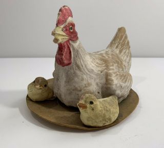 Large Antique German Christmas Putz Hen Chicken With Her Baby Chicks Ca 1900 2