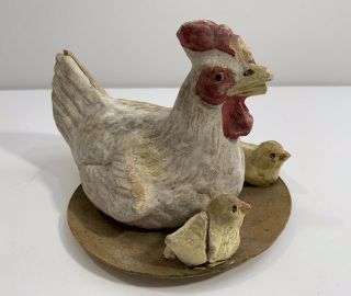 Large Antique German Christmas Putz Hen Chicken With Her Baby Chicks Ca 1900 6