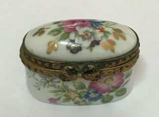 Antique French Porcelain And Brass Limoges Oval Pill Snuff Box Rose Flowers